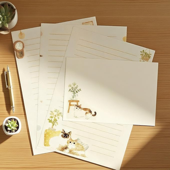 37 Pcs Stationery Paper Envelopes Set Includes 24 Lined Writing Paper & 12 Envelopes with 48 Colorful Round Dot Stickers, Cute Vintage Cat Letter Writing and Stationery Paper Envelopes(4Style)