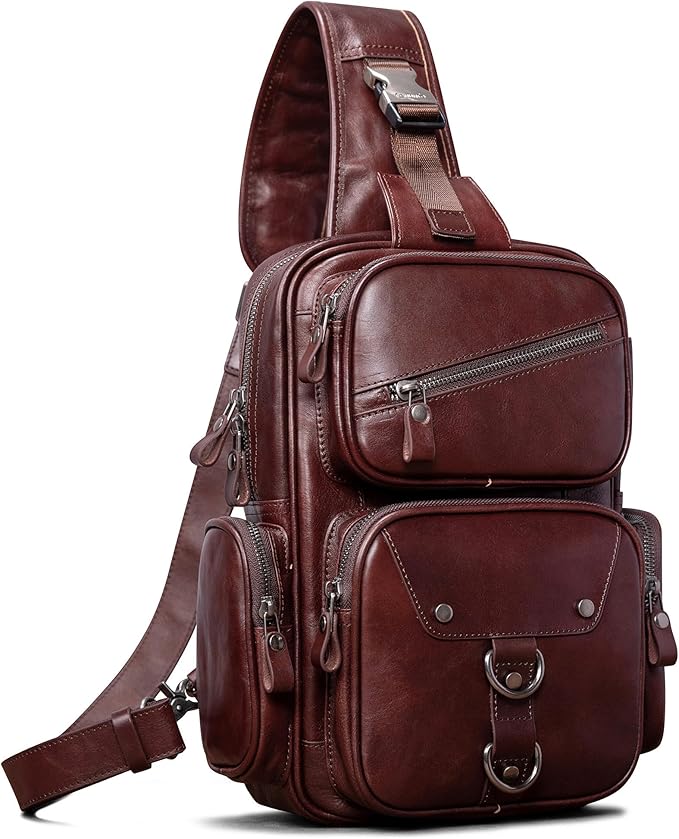 Genuine Leather Sling Bag for Men Large Crossbody Shoulder Bag Casual Sling Backpack Anti-Theft Travel Chest Purse