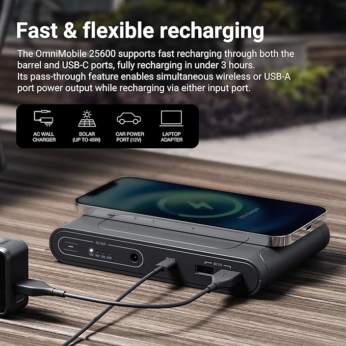 Omni Mobile 25600mah 25600 Laptop Power Bank, Universal Charger for All Devices, Fast Charging DC, USB-C & QC 3.0 Ports, Wireless Charging, Travel-Friendly Power Solution