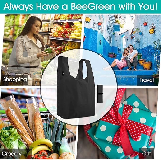 BeeGreen Black Reusable Grocery Bags Shopping Bags for Groceries 12 Pack Heavy Duty - Foldable Polyester Grocery Totes with Handles and Zipper Bag, Large Travel Washable Holiday Tote Bag Bulk