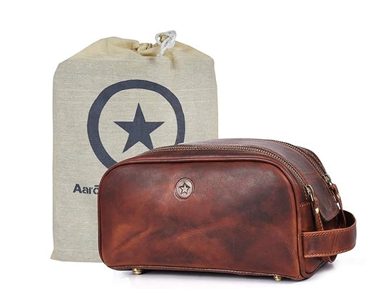 10" Premium Leather Toiletry Travel Pouch With Waterproof Lining | King-Size Handcrafted Vintage Dopp - Kit Gift for Father's Day By Aaron Leather Goods