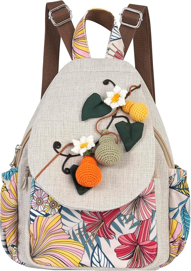 HUANGGUOSHU Women Cotton Woven Bohemian Hemp Boho Canvas Embroidery Multi Pocket Retro Cute Backpack Wallet Backpack（Avocado）
