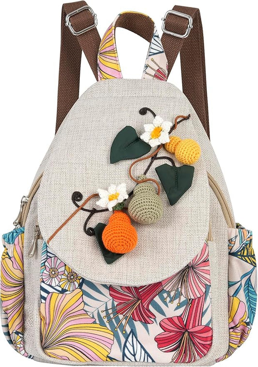 HUANGGUOSHU Women Cotton Woven Bohemian Hemp Boho Canvas Embroidery Multi Pocket Retro Cute Backpack Wallet Backpack（Avocado）