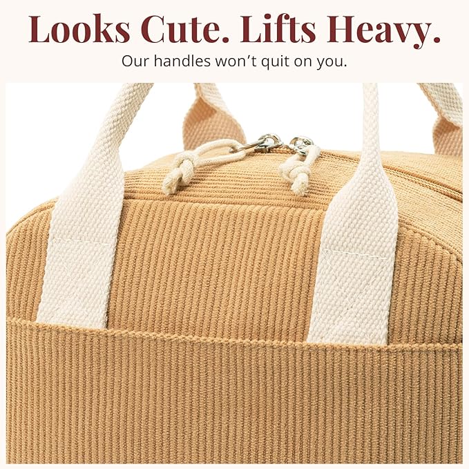 Insulated Lunch Bag for Women Men, Stylish Corduroy Tote Bag with Aluminum Lining, Large Capacity Reusable Cooler for Work, Travel, or Beach, Camel Brown Lunch Box