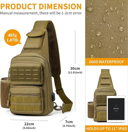 HUNTVP Tactical Sling Bag Crossbody Bag for Men Women EDC Shoulder Bags Molle Sling Backpack Chest Pack for Hiking Hunting Travelling Camping (Type3-Brown)