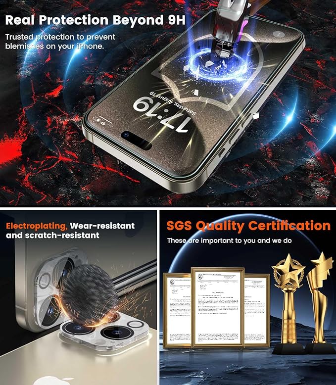 EZ-GLAZ-4 Pack iPhone 15 Pro Privacy Screen Protector(6.1'') With [2 Pcs Camera Lens Protector], Anti-Spy, 9H Hardness, Drop-Resistant, Case Friendly, Anti-Scratch & EZ-To-Install Tempered Glass