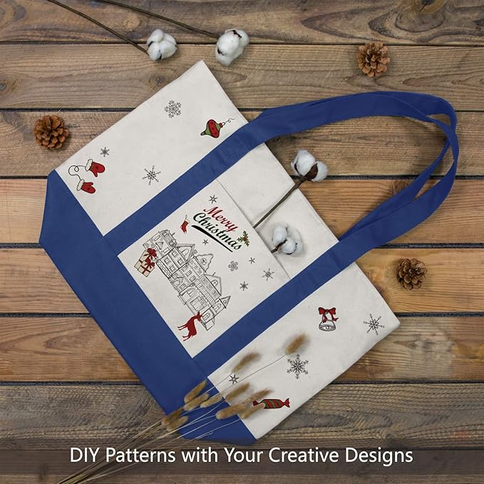 TOPDesign 1-Pack Canvas Tote Bag with an External Pocket, Reusable Grocery Shopping Bag, Top Zipper Closure, Daily Essentials (Blue/Natural)