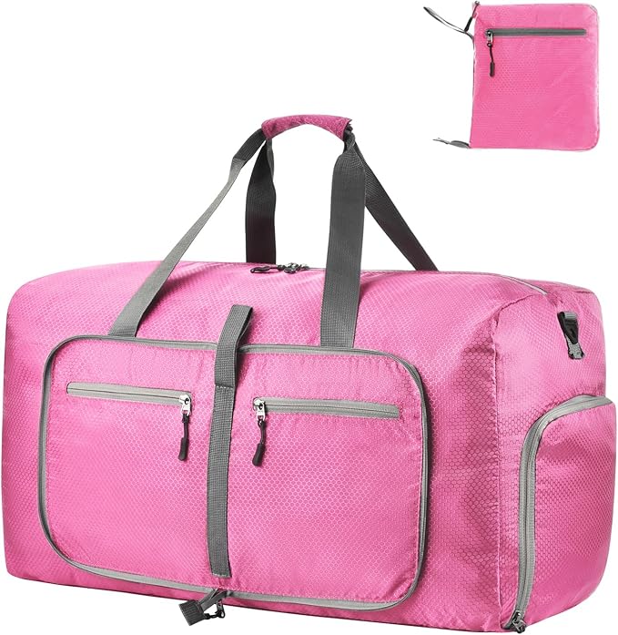 Dimayar Travel Duffle Bag for Men Women - Foldable Duffel Bag with Shoes Compartment - Overnight Bags Waterproof & Tear Resistant(85L,Pink)