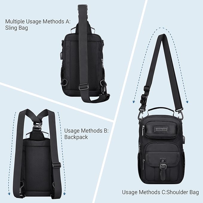 WITZMAN Sling Bag for Men Convertible Travel Sling Backpack USB Charging Port Lightweight Crossbody Bags Casual Daypack（B698 Black）