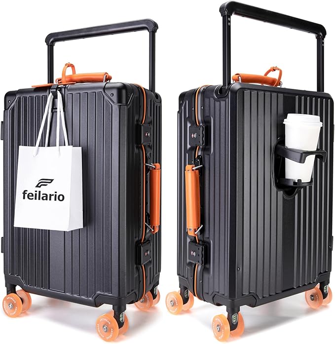 feilario 24" Aluminum Frame Wide Handle Hard Shell Carry On Suitcase - Vivid Colors Double Spinner Wheels Airline Approved Rolling Luggage with TSA Lock & Cup Holder (Black, 24in)