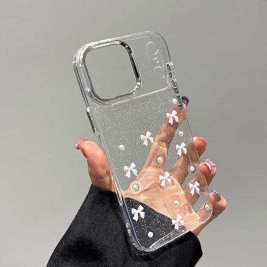 EYZUTAK Case for iPhone 17 Pro Max, Bling Glitter 3D Bowknot Phone Case Cute Sparkly Crystal Clear Bow Aesthetic Design Cover Slim Soft Durable TPU Transparent Protective Cover for Women Girl-Pink Bow