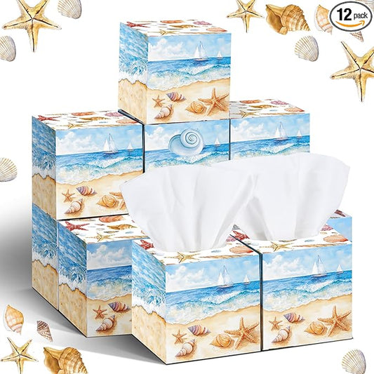 12 Pack Summer Ocean Shells Facial Tissues Cube Boxes 600 Sheets 3 Ply Small Sea Face Tissues Bulk for Summer Car Bedroom Supplies