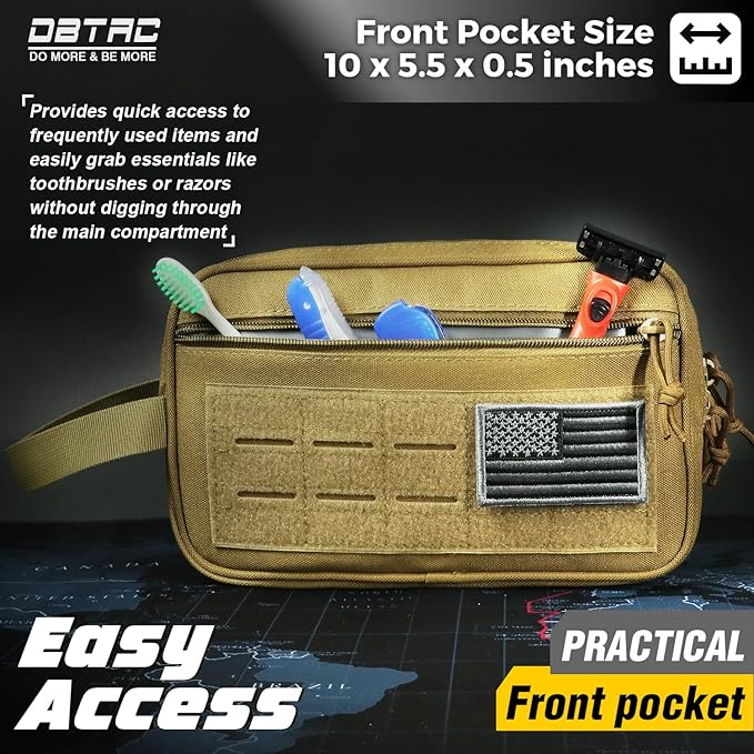 DBTAC Tactical Toiletry Bag for Men | Dry Wet Separate Hygiene Bag Compact Dopp Kit Mens Shaving Kit Travel shower Bag (Tan)