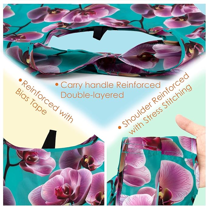 BeeGreen 10 Pack Washable Floral Grocery Bags for Shopping Reusable Tote Bags Extra Large 50LBS Cute Flower Design Foldable Reusable Bags for Women Men Lightweight Durable