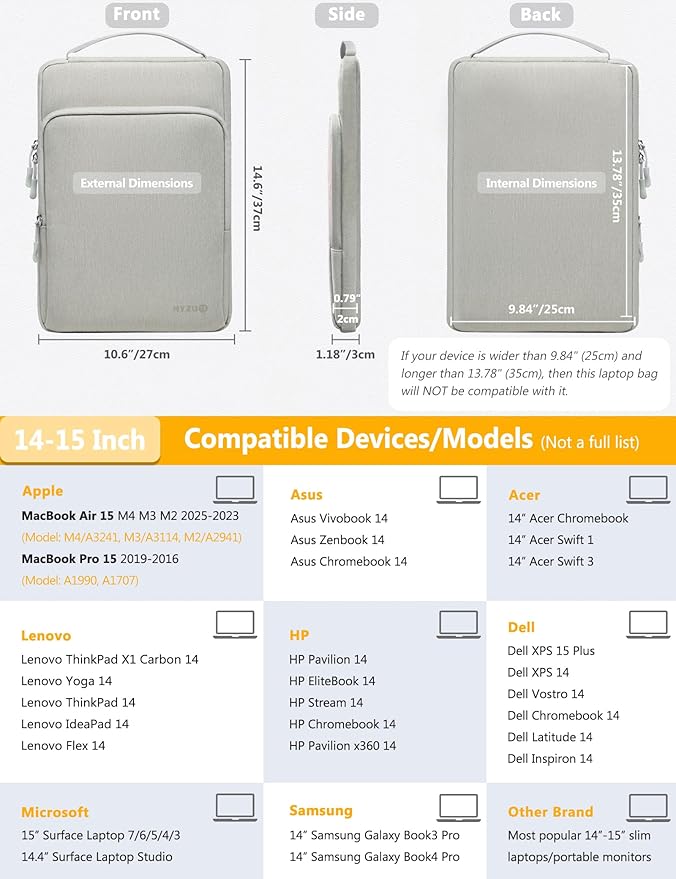 HYZUO 14-15 Inch Laptop Bag Sleeve for MacBook Air 15 M4 M3 M2, MacBook Pro 15, XPS 14/15 Plus, 15" Surface Laptop, Notebook Case for 14" Dell HP Lenovo ThinkPad Asus Acer Huawei, Light Gray