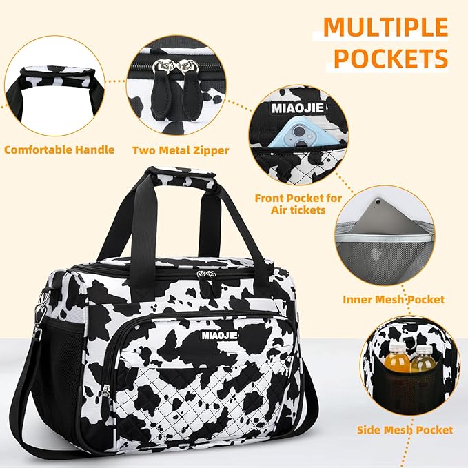Travel Duffle Bag for Women, Underseat Carry On luggage Bag Foldable Overnight Weekender Hospital Bag Lightweight Airplanes Personal Item Travel Tote Bag for Women Birthday Gifts, 16IN Cow Print