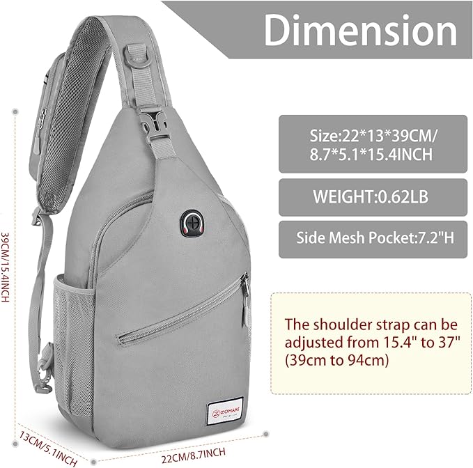 ZOMAKE Sling Bag,Small Crossbody Sling Backpack,Water Resistant Shoulder Daypack for Travel,Anti Thief Chest Bag for Hiking(Grey(New))