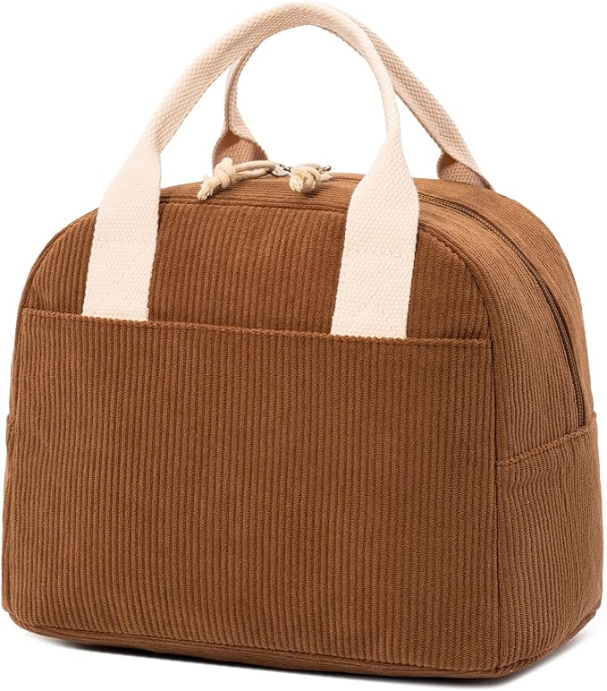 Insulated Brown Sugar Lunch Bag for Women, Stylish Corduroy Tote with Aluminum Lining, Large Capacity Reusable Cooler for Work, Travel, or Beach, Beige Cream Water-Resistant Lunch Box