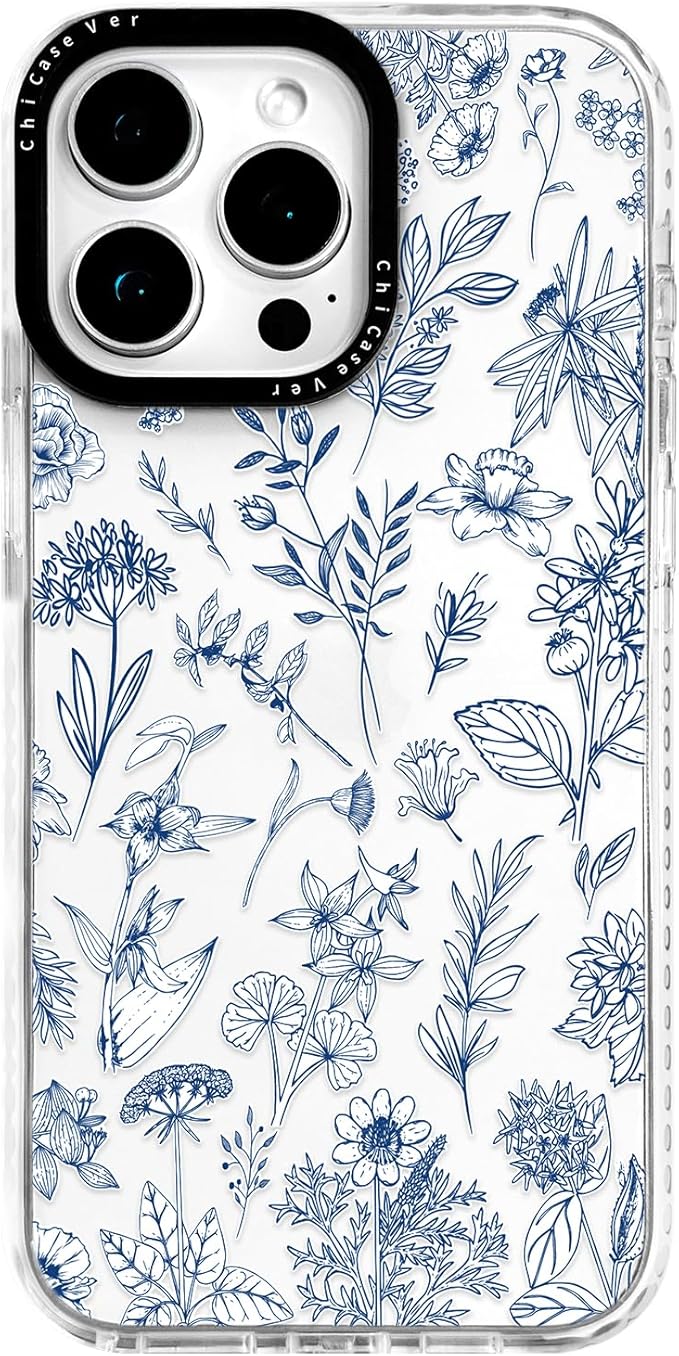 for iPhone 14 Case, Vintage Botanical Pattern with Blue Flowers, Military-Grade Drop Protection, Elegant Soft Slim TPU Protective Cover with Camera Lens Protection for Women & Girls