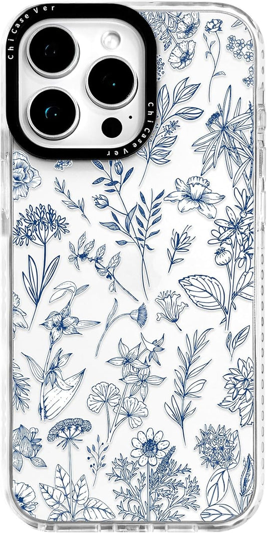 for iPhone 16 Plus Case, Vintage Botanical Pattern with Blue Flowers, Military-Grade Drop Protection, Elegant Soft Slim TPU Protective Cover with Camera Lens Protection for Women & Girls