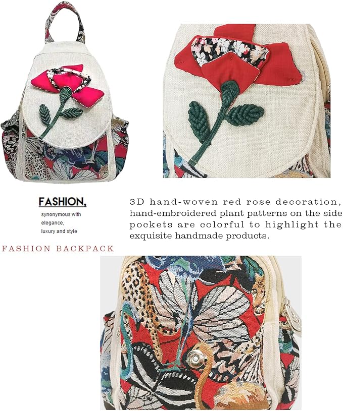 HUANGGUOSHU Women Cotton Woven Bohemian Hemp Boho Canvas Embroidery Multi Pocket Retro Cute Backpack Wallet Backpack（Yutu Moon）