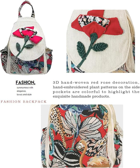 HUANGGUOSHU Women Cotton Woven Bohemian Hemp Boho Canvas Embroidery Multi Pocket Retro Cute Backpack Wallet Backpack（Yutu Moon）