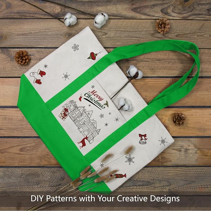 TOPDesign 1-Pack Canvas Tote Bag with an External Pocket, Reusable Grocery Shopping Bag, Top Zipper Closure, Daily Essentials (Lime Green/Natural)