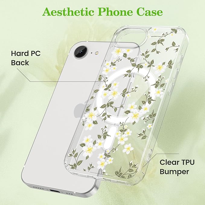 ZTOFERA for iPhone 16e Magnetic Case Compatible with Magsafe,Aesthetic Floral Pattern Design Cute for Girl Women,Anti-Drop Protective Hard Phone Cover for iPhone SE 4/16e-Big White Flower