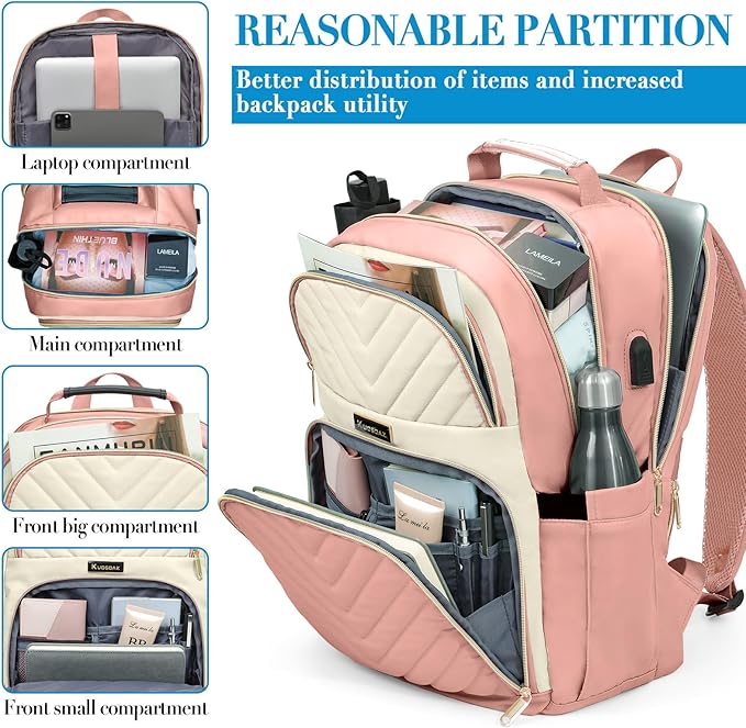 Backpack for Women, School Backpacks for Teen Girls, Stylish Cute Laptop Backpack, Teacher Student College Bookbags with USB Charging Port, Beige & Pink