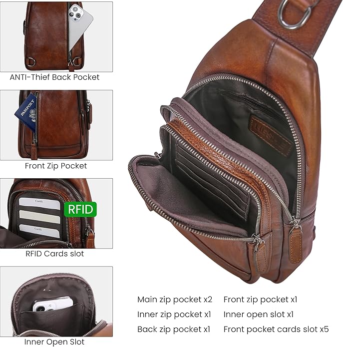 HESHE Leather Sling Bag for Women Crossbody Bags with Multi-Pocket Stylish Fanny Packs for Travel Chest Bag