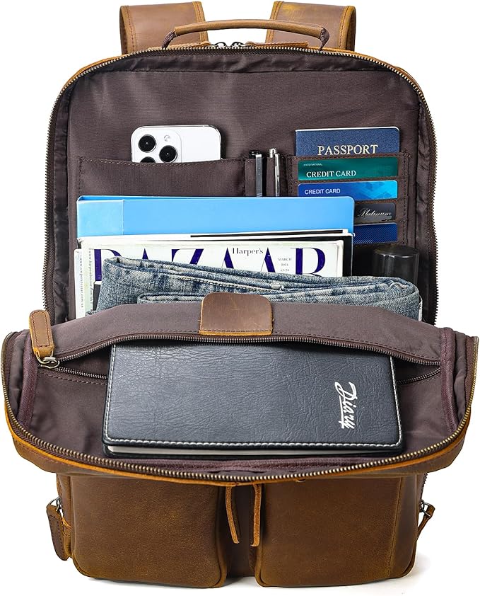 Polare 17.3 Inch Full Grain Leather Backpack for Men and Women Multi Pockets Business Travel Laptop Rucksack (Light Brown)