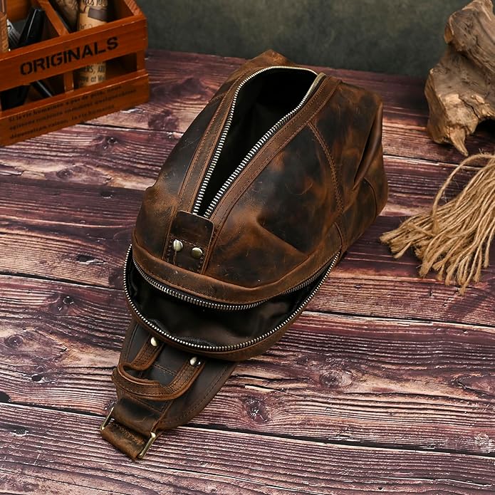 Thick Crazy horse Leather Triangle Crossbody Sling Chest Bag Travel One Shoulder Bag Daypack For Men Male 3028