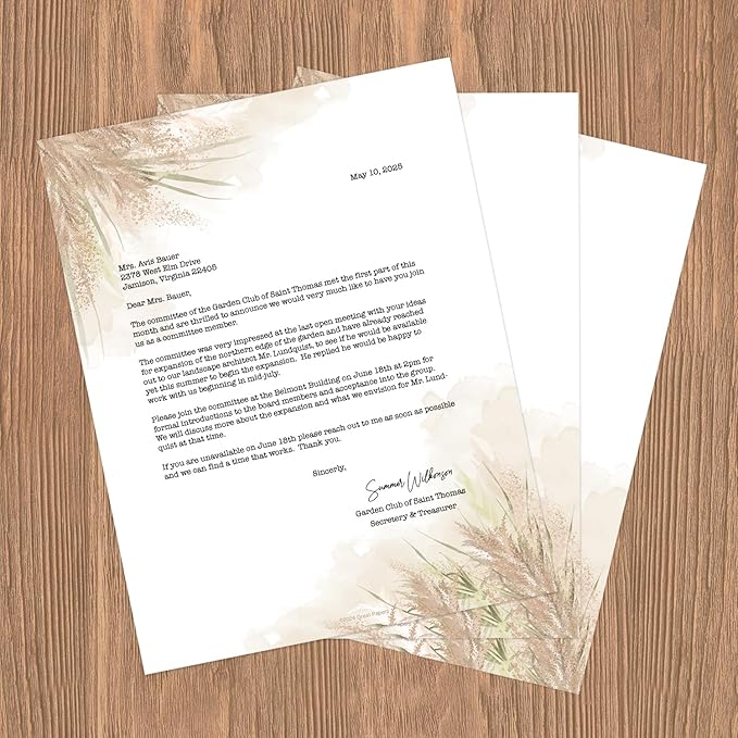 Pampas Grass Letterhead / 40 Decorative Printer Sheets / 8.5" x 11" All Occasion Bridal Shower Celebration Special Event Paper/Beautiful Watercolor Floral Stationery