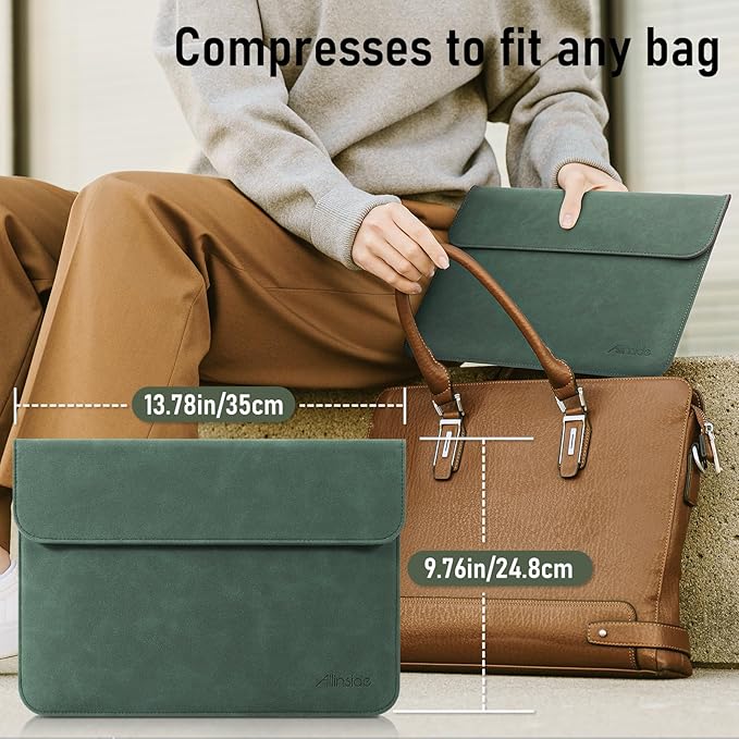 Allinside 13 Inch Laptop Sleeve Case for MacBook Air 13 2018-2025/MacBook Pro 13 2016-2022/Macbook Pro 14 2021-2024, Waterproof PU Leather Horizontal Envelope Protective Case Cover, Dark Green