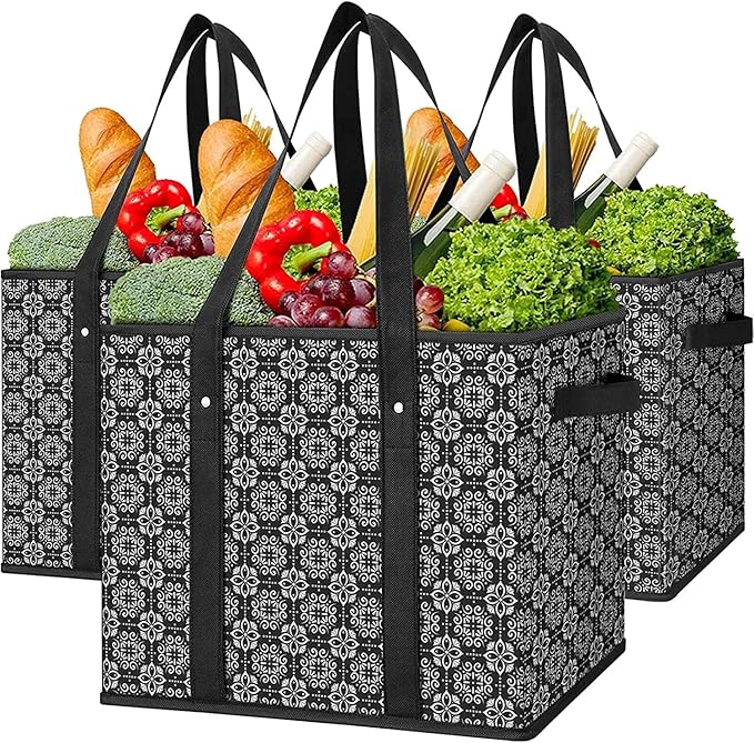 WISELIFE Reusable Grocery Bags [3 Pack],Large Grocery Tote Bag Water Resistant Shopping Bags Foldable Grocery Bag for Clothes,Shoes and Picnic,Black