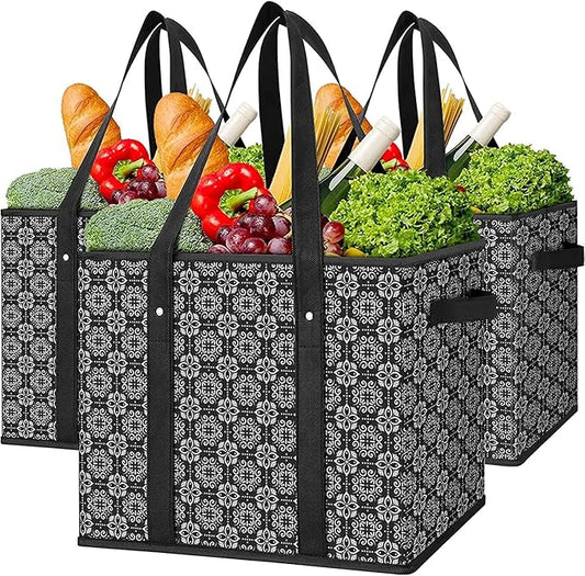 WISELIFE Reusable Grocery Bags [3 Pack],Large Grocery Tote Bag Water Resistant Shopping Bags Foldable Grocery Bag for Clothes,Shoes and Picnic,Black
