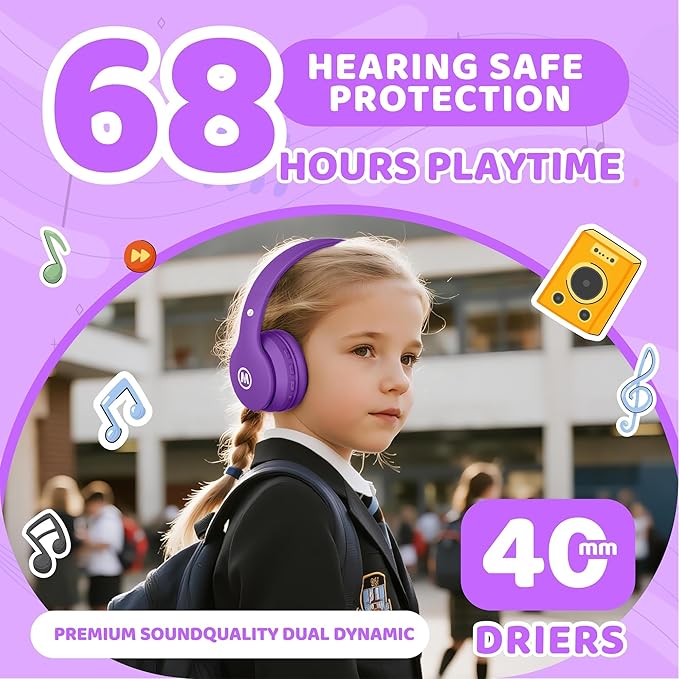 Headphones Kids Bluetooth 5.4 Wireless Play Time 68H Safe Volume Limit 85/94dB Over-Ear Foldable Headset,Fast Charging,with Aux Cord Built-in Mic for Toddler Child Pad Study Tablet Purple