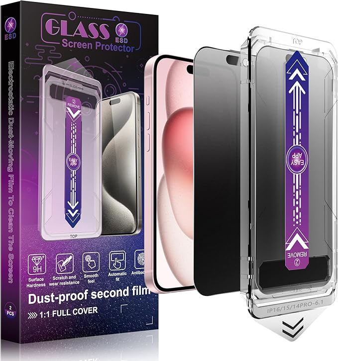 2 Pack Matte Privacy Screen Protector for iPhone 16/15/14 Pro 6.1-Inch Auto Dust Removal, No Bubbles, Anti-Spy Tempered Glass Film, Easy Installation
