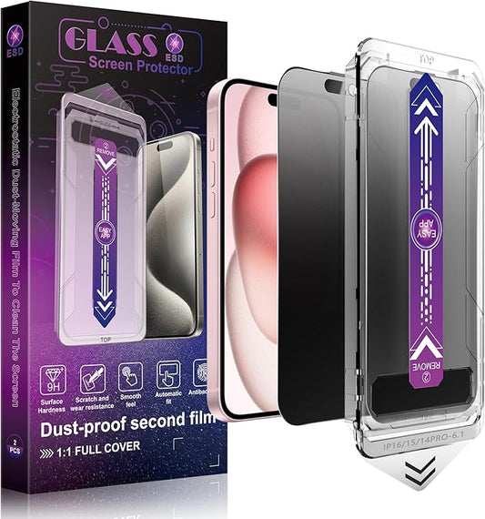 2 Pack Matte Privacy Screen Protector for iPhone 16/15/14 Pro 6.1-Inch Auto Dust Removal, No Bubbles, Anti-Spy Tempered Glass Film, Easy Installation