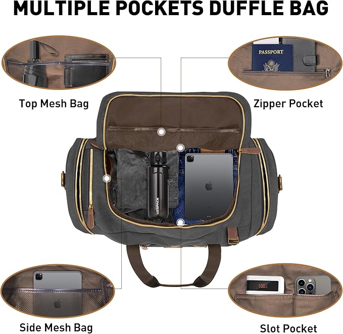 Vintage Canvas Duffle Bag, 50L Genuine Leather Travel Duffel Backpack Multifunctional Overnight Weekender Bag with Shoes Compartment Men (Black)