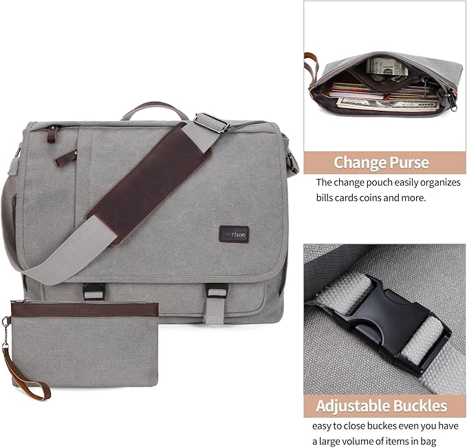 Nerlion Messenger Bag for Men 17-17.3 Inch Laptop Bag Canvas Water-resistant Computer Bag Shoulder Bag Work Briefcase Bookbag for College (Light Gray)