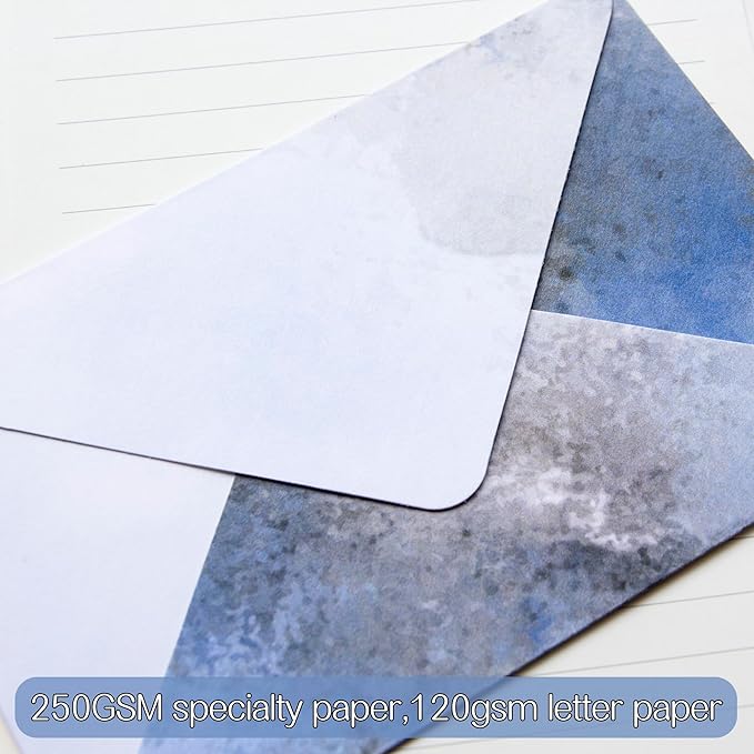 Tuhangcc Stationary Paper Set Minimalism - Hand Blended Colors,12 Envelopes (4x6 in) & 24 Lined Paper for Wedding Love Letters, Invitations, Anniversaries (Lake Blue - Grey)