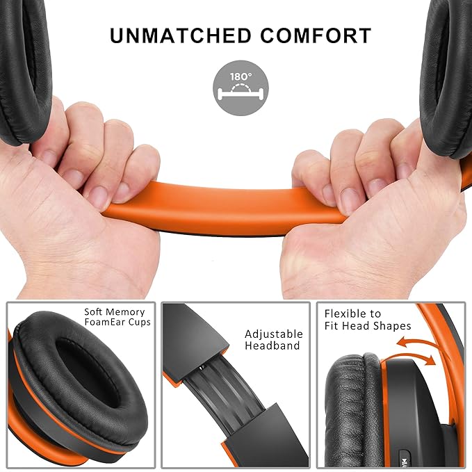 ZIHNIC Bluetooth Headphones Over-Ear, Foldable Wireless and Wired Stereo Headset Micro SD/TF, FM for Cell Phone,PC,Soft Earmuffs &Light Weight for Prolonged Wearing(Black/Orange)