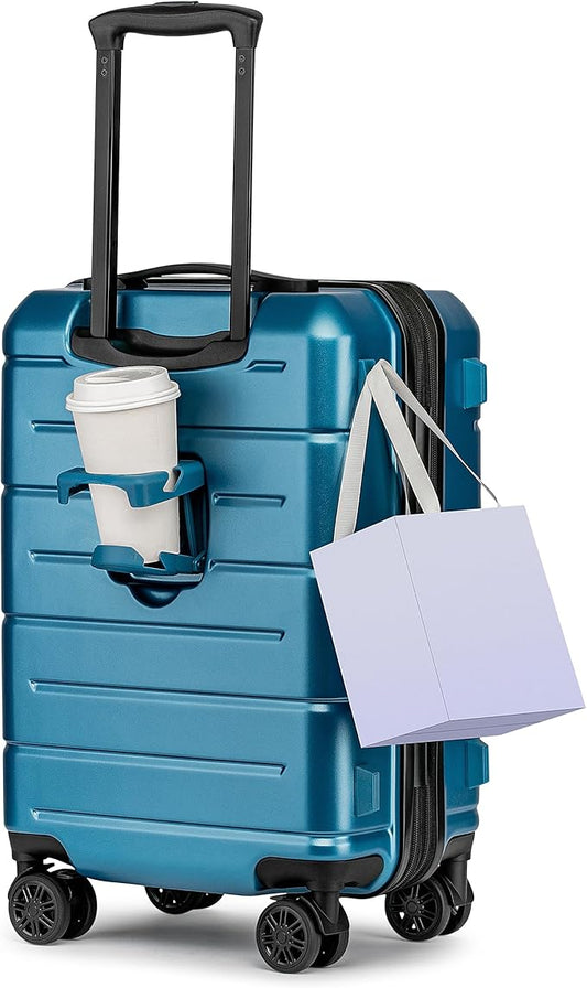 KYME Hardside Expandable Carry On Luggage 22x14x9 Airline Approved 20 Inch Hardshell Carry On Suitcase with Wheels TSA Lock Small Travel Rolling Luggage with Cup Holder for Women Men Lt Blue