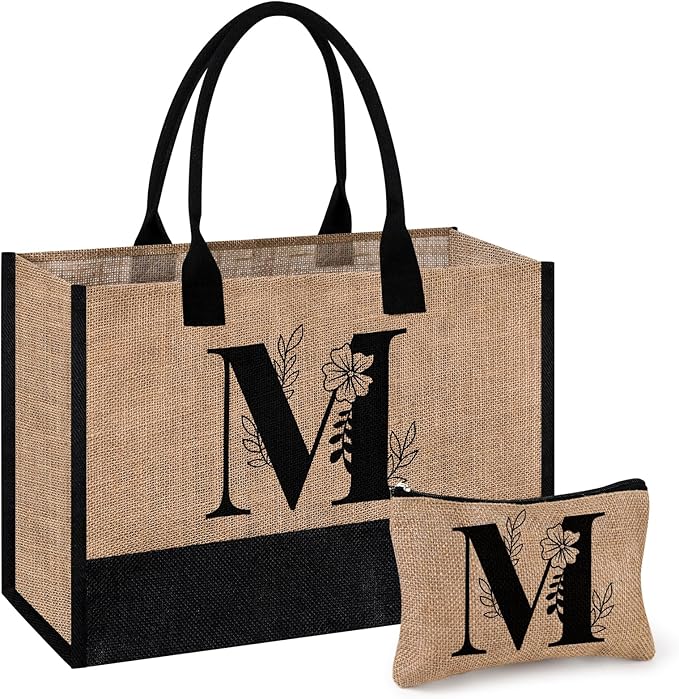 AYGE Personalized Initial Jute Tote Bag & Makeup Bag, Beach Bag, Monogrammed Birthday Gifts for Women Sister Mom Bridesmaid