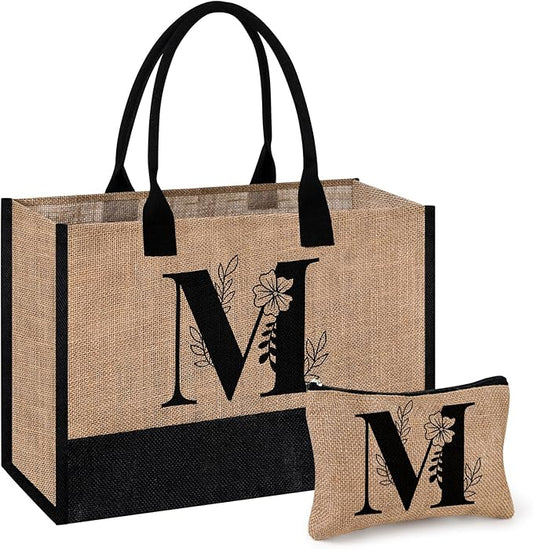 AYGE Personalized Initial Jute Tote Bag & Makeup Bag, Beach Bag, Monogrammed Birthday Gifts for Women Sister Mom Bridesmaid