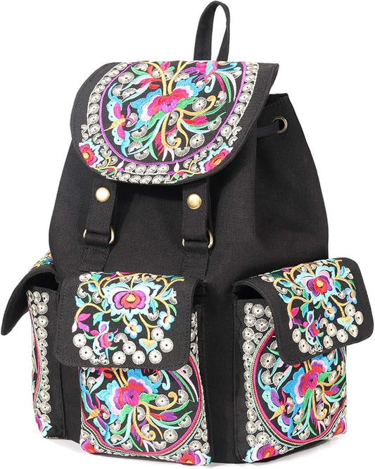 SILKAREA Vintage Embroidered Backpack Purse for Women Handbag Canvas Shoulder Bag Ethnic Boho Travel Backpack (Black S2) Large