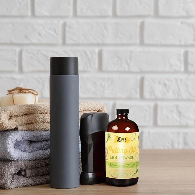 THE DIRT Oil Pulling Mouthwash - Gluten Free - Removes Plaque, Tartar, Bad Breath & Whitens Teeth (Lemongrass & Ginger, 8 Ounce)