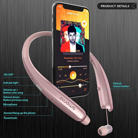 AMORNO Foldable Bluetooth Headphones, Wireless Neckband Sports Headset with Retractable Earbuds, Sweatproof Noise Cancelling Stereo Earphones with Mic