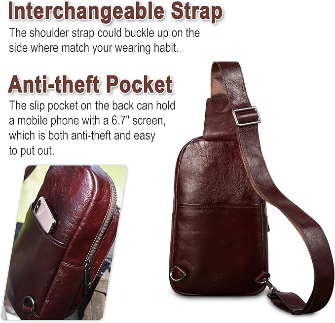 Genuine Leather Sling Bag for Men and Women Crossbody Shoulder Purse Chest Sling Backpack Carry on Casual Daypack